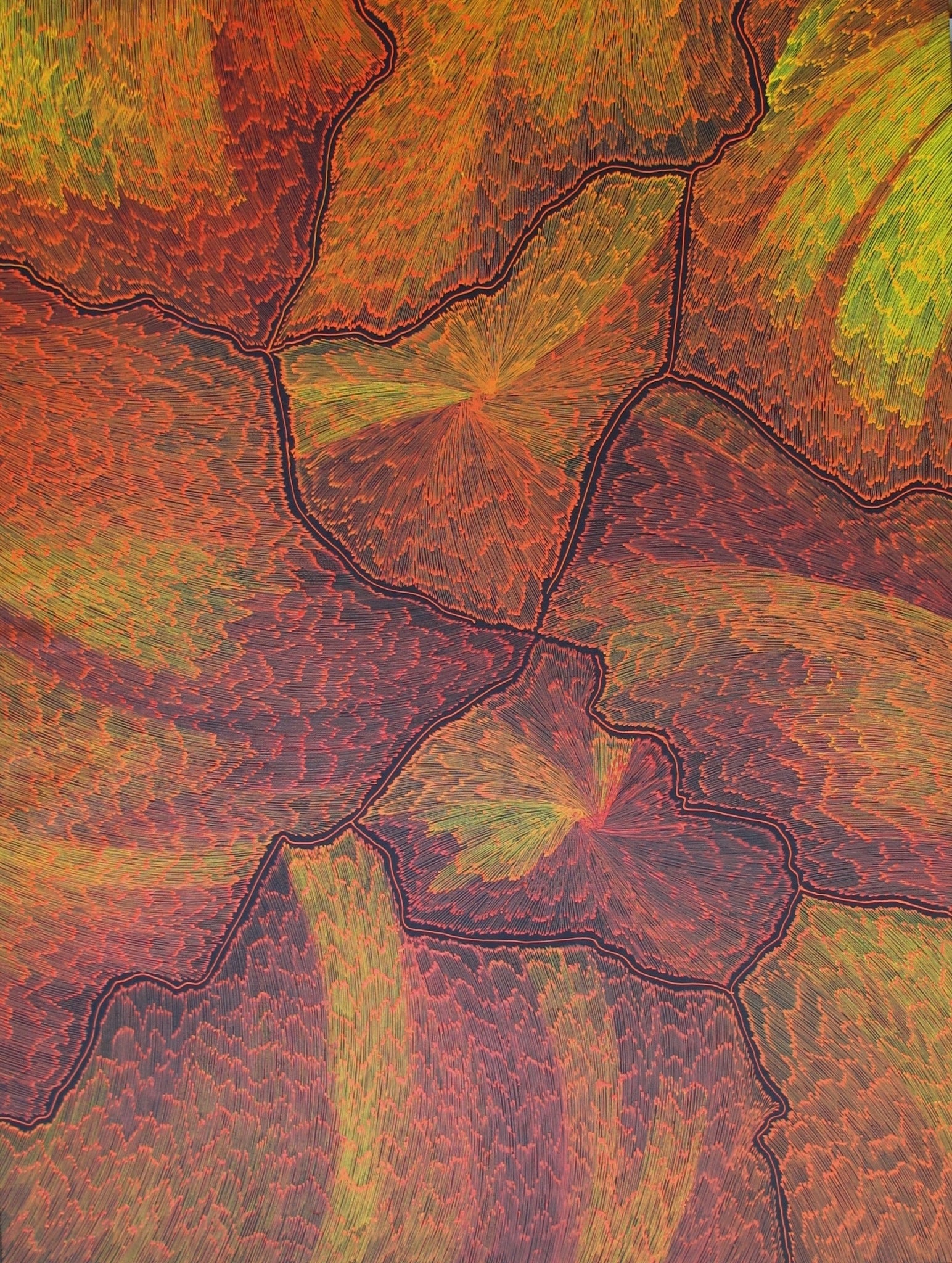 Title: Lightening Dreaming (red/orange/yellow), size 120 x 90 cm.